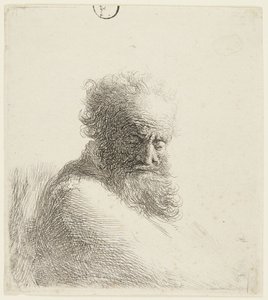 Byste av en gammel mann som ser ned, trekvartprofil mot høyre av Rembrandt van Rijn