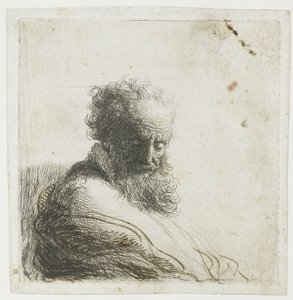 Byste av en gammel skjeggete mann, ser ned, tre kvarter til høyre av Rembrandt van Rijn