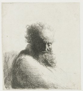 Byste av en gammel skjeggete mann, ser ned, tre kvarter til høyre av Rembrandt van Rijn
