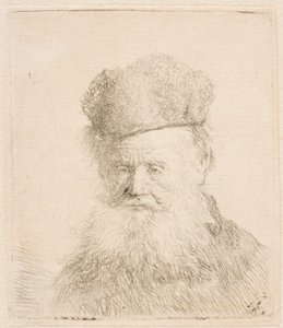 Byste av en gammel mann med pelslue og langt skjegg: nesten i full profil: blikket rettet fremover av Rembrandt van Rijn
