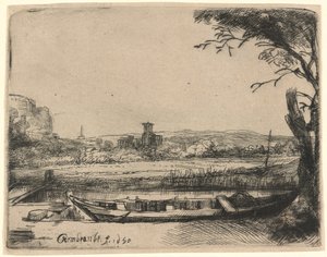 Kanal med stor båt og bro av Rembrandt van Rijn