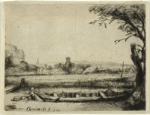 Kanal med en stor båt og en bro av Rembrandt van Rijn