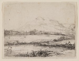 Kanal med en fisker og to svaner av Rembrandt van Rijn
