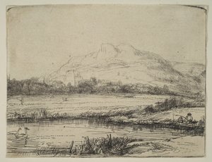 Kanal med en fisker og to svaner, 1650. av Rembrandt van Rijn