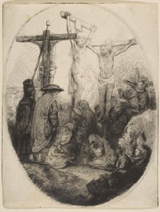 Kristus korsfestet mellom to tyver, oval plate, ca. 1641. av Rembrandt van Rijn