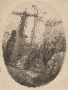 Kristus korsfestet mellom de to tyvene: en oval plate, ca. 1641. av Rembrandt van Rijn