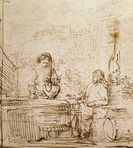 Kristus og kvinnen i Samaria (penn og brunt blekk på papir) av Rembrandt van Rijn