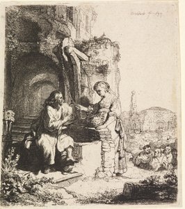 Kristus og kvinnen i Samaria blant ruiner av Rembrandt van Rijn
