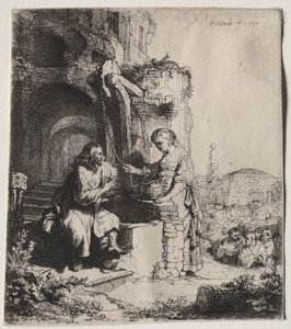 Kristus og kvinnen i Samaria blant ruiner av Rembrandt van Rijn