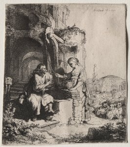 Kristus og kvinnen i Samaria blant ruiner, 1634. av Rembrandt van Rijn