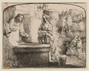 Kristus og kvinnen i Samaria: Et buet trykk av Rembrandt van Rijn