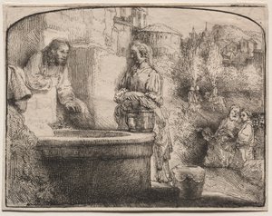 Kristus og kvinnen i Samaria: Et buet trykk, 1657-58. av Rembrandt van Rijn