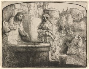 Kristus og kvinnen i Samaria: et buet trykk av Rembrandt van Rijn