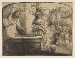 Kristus og kvinnen i Samaria: et buet trykk, 1658. av Rembrandt van Rijn