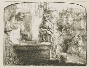 Kristus og kvinnen i Samaria: et buet trykk av Rembrandt van Rijn