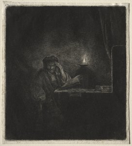 Kopi av Student ved et bord ved levende lys av Rembrandt van Rijn