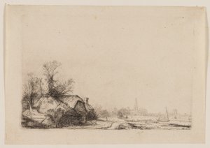 Hytte ved siden av en kanal med utsikt over Ouderkerk av Rembrandt van Rijn