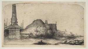 Hytte og grensepost på Spaarndammerdijk LObelisque, ca. 1650. av Rembrandt van Rijn
