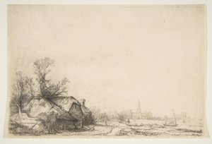 Hytte ved siden av en kanal med utsikt over Ouderkerk, ca. 1641. av Rembrandt van Rijn
