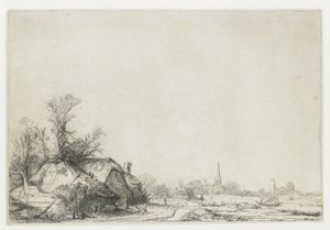 Hytte ved siden av en kanal med utsikt over Ouderkerk av Rembrandt van Rijn