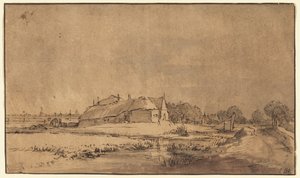 Hytter og låve ved siden av en vei av Rembrandt van Rijn
