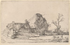Hytter og gårdsbygninger med en mann som skisserer av Rembrandt van Rijn