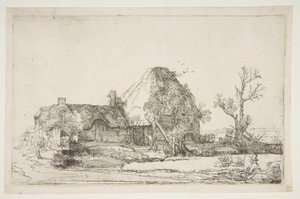 Hytter og gårdsbygninger med en mann som skisserer, ca. 1645. av Rembrandt van Rijn