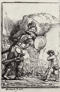 David og Goliat. Illustrasjon for Piedra gloriosa av Menasseh ben Israel av Rembrandt van Rijn
