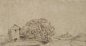 Gårdsbygning ved siden av en vei med fjerntliggende gårdsbruk, 1650-69 (penn og brunt blekk med grå vask på papir) av Rembrandt van Rijn
