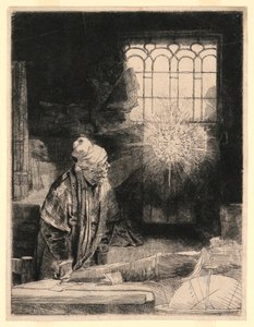 Faust i sin studie, ser på en magisk plate av Rembrandt van Rijn