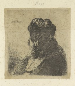 Skjegget gammel mann med høy pelslue og lukkede øyne Recueil de quatre-vingt-cinq estampes originales (serietittel) av Rembrandt van Rijn