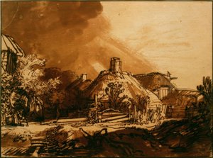 Hus under en stormfull himmel av Rembrandt van Rijn