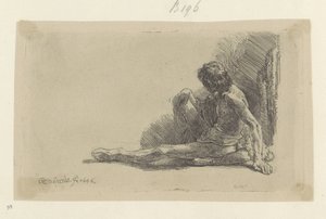 Ung mann sitter på gulvet med ett ben utvidet Recueil de quatre-vingt-cinq estampes originales (serietittel) av Rembrandt van Rijn