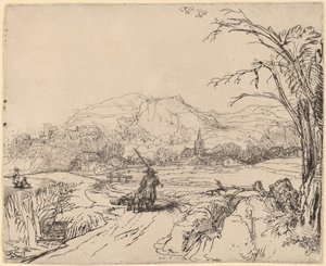 Landskap med sportsmann og hund av Rembrandt van Rijn
