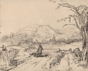 Landskap med idrettsmann og hund, ca. 1653. av Rembrandt van Rijn
