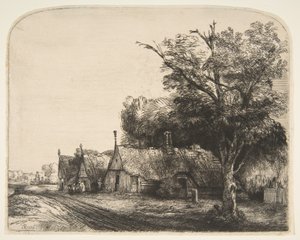 Landskap med tre gavlhytter ved siden av en vei, 1650. av Rembrandt van Rijn