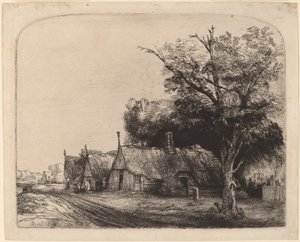 Landskap med tre gavlhytter ved siden av en vei av Rembrandt van Rijn