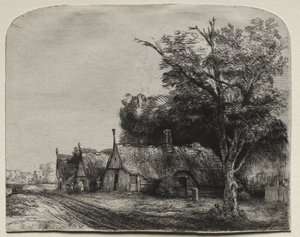 Landskap med tre gavlhytter ved siden av en vei av Rembrandt van Rijn