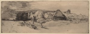 Landskap med trær, gårdsbygninger og et tårn av Rembrandt van Rijn
