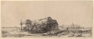Landskap med hytte og høylåve: Avlang av Rembrandt van Rijn