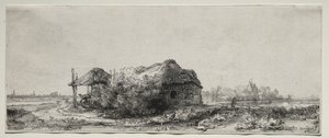 Landskap med hytte og høylåve: Avlang av Rembrandt van Rijn