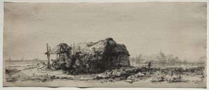 Landskap med hytte og høylåve: Avlang av Rembrandt van Rijn