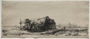 Landskap med hytte og høylåve: Avlang, 1641. av Rembrandt van Rijn