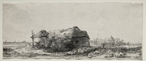 Landskap med hytte og høylåve: Avlang, 1641. av Rembrandt van Rijn