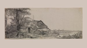 Landskap med en hytte og et stort tre av Rembrandt van Rijn
