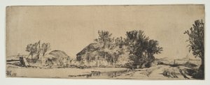 Landskap med et gårdshus langs en vei ved siden av en kanal, ca. 1652. av Rembrandt van Rijn