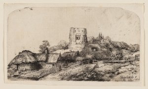Landskap med et firkantet tårn av Rembrandt van Rijn