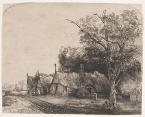 Landskap med tre gavlhytter ved siden av en vei av Rembrandt van Rijn