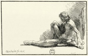 Naken mann sitter på gulvet av Rembrandt van Rijn