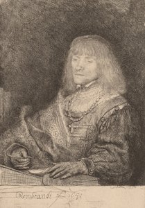Mann ved et skrivebord med kors og kjede, 1641. av Rembrandt van Rijn